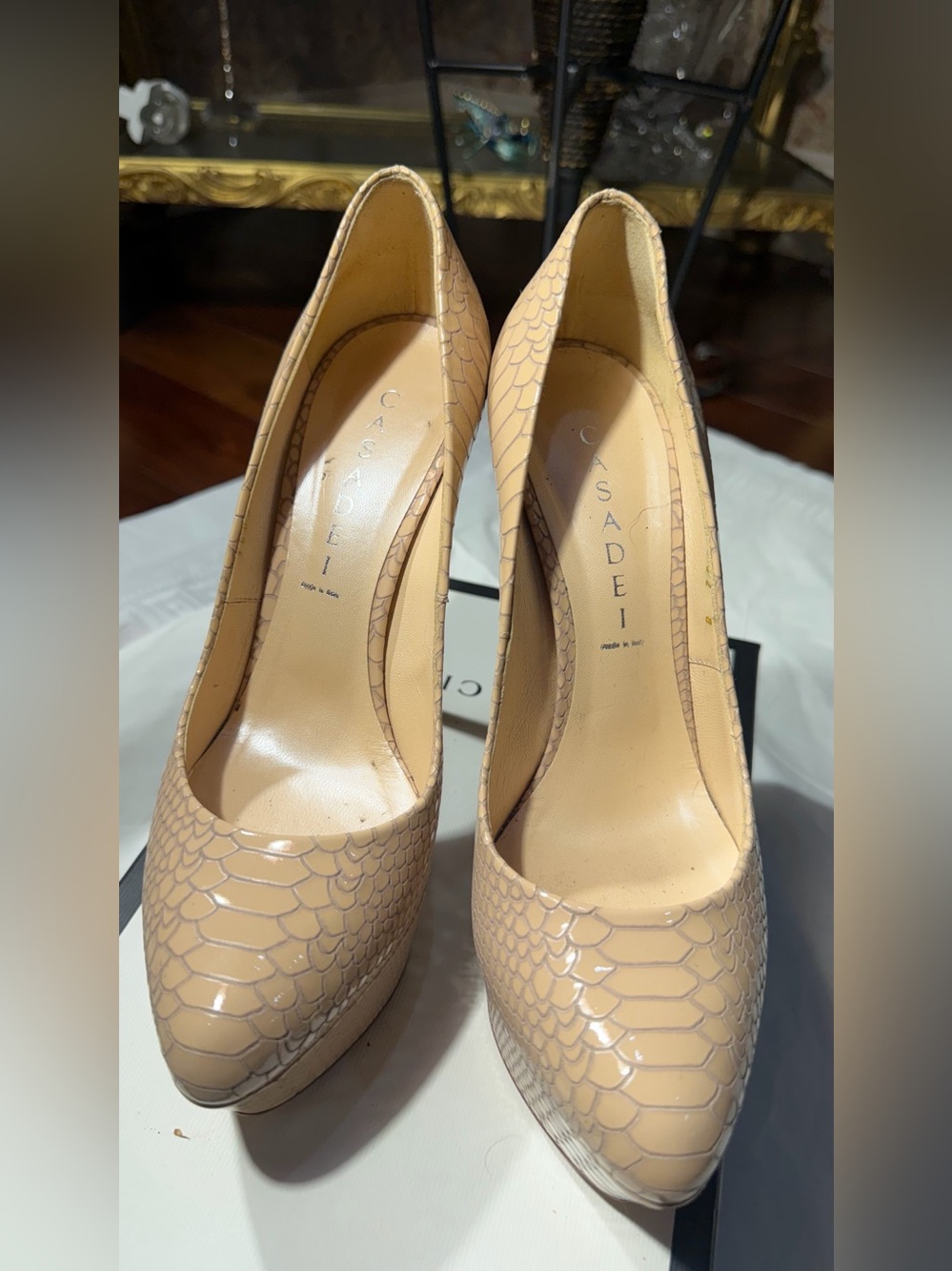 Casadei Beige Patent Croc-Embossed Platform Pumps
